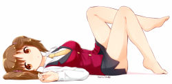 Rule 34 | 10s, 1girl, 2015, bare legs, barefoot, breasts, brown hair, dated, dress shirt, feet, full body, idolmaster, idolmaster cinderella girls, looking at viewer, lying, medium breasts, nagian, on back, pencil skirt, royale style (idolmaster), shirt, side slit, simple background, skirt, solo, totoki airi, twintails, vest