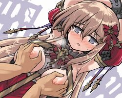 Rule 34 | armpits, azur lane, between breasts, blush, bound, bound wrists, bow, breasts, brown hair, chain, cuffs, elbow pads, fortune (azur lane), fortune (meta) (azur lane), grabbing, grabbing another&#039;s breast, grey eyes, hair bow, hair ornament, hairclip, large breasts, long hair, nipples, no bra, open mouth, shackles, tsuzuri (tuzuri), upper body