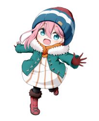 Rule 34 | 1girl, :d, beanie, black pantyhose, blue eyes, blue hat, boots, dress, full body, fur-trimmed boots, fur-trimmed jacket, fur trim, gloves, green jacket, hair between eyes, hat, highres, jacket, kagamihara nadeshiko, kuena, long hair, long sleeves, looking at viewer, open clothes, open jacket, open mouth, outstretched arms, pantyhose, pink hair, red footwear, red gloves, red hat, simple background, smile, solo, standing, standing on one leg, striped clothes, striped dress, vertical-striped clothes, vertical-striped dress, white background, white dress, yurucamp