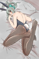 Rule 34 | 1girl, animal ear headwear, animal ears, artist logo, back cutout, barefoot, black leotard, black pantyhose, blanket, brown hair, clothing cutout, covered mouth, dated, detached collar, fake animal ears, feet up, green ribbon, grey hair, hair ribbon, highres, kantai collection, kenroba (stark chen), leotard, looking at viewer, lying, on bed, on stomach, pantyhose, playboy bunny, ponytail, rabbit ears, rabbit tail, ribbon, signature, solo, strapless, strapless leotard, tail, yuubari (kancolle)