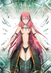 Rule 34 | 1girl, aqua eyes, bad id, bad pixiv id, bare shoulders, black thighhighs, breasts, breasts apart, choker, elbow gloves, female focus, glass, gloves, headphones, highres, long hair, looking at viewer, megurine luka, navel, onaya masakazu, pink hair, revealing clothes, serious, solo, thighhighs, vocaloid