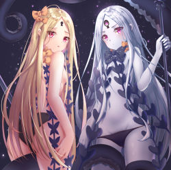 Rule 34 | 2girls, abigail williams (fate), abigail williams (second ascension) (fate), abigail williams (third ascension) (fate), absurdres, ass, back, bad id, bad pixiv id, bare shoulders, black bow, black legwear, black panties, blonde hair, blush, bow, breasts, colored skin, dual persona, fate/grand order, fate (series), forehead, hair bow, highres, keyhole, long hair, looking at viewer, looking back, lotpi, multiple girls, navel, orange bow, panties, parted bangs, polka dot, polka dot bow, red eyes, small breasts, tentacles, thighhighs, thighs, third eye, underwear, very long hair, white hair, white skin