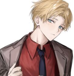 Rule 34 | 1boy, black necktie, blonde hair, blue eyes, closed mouth, collared shirt, expressionless, grey jacket, hand up, holostars, jacket, kishido temma, kisi hana, lapels, light blush, long sleeves, looking at viewer, male focus, necktie, notched lapels, official alternate costume, open clothes, open jacket, parted bangs, red shirt, shirt, short hair, simple background, sketch, solo, tie clip, upper body, virtual youtuber, white background