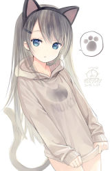 Rule 34 | 1girl, :&lt;, animal ears, blue eyes, capriccio, cat ears, cat girl, cat tail, closed mouth, clothes tug, commentary request, fake animal ears, grey hoodie, hair ornament, hairclip, hood, hood down, hoodie, long hair, long sleeves, looking at viewer, ochi ripca, original, sidelocks, signature, silver hair, simple background, solo, spoken paw print, tail, very long hair, white background
