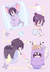 Rule 34 | 1boy, :3, absurdres, animal costume, baby, baby bottle, black hair, bottle, diaper, closed eyes, facial mark, full body, highres, male focus, monsters inc., mouse costume, one-punch man, onesie, onsoku no sonic, purple eyes, seitarou, solo, aged down