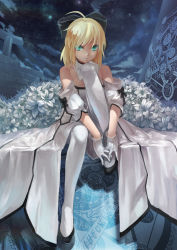 Rule 34 | 1girl, absurdres, ahoge, artoria pendragon (fate), azomo, bare shoulders, blonde hair, bow, detached sleeves, dress, fate/unlimited codes, fate (series), gloves, green eyes, hair bow, highres, long hair, ponytail, saber (fate), saber lily, solo, white gloves