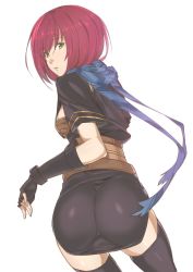 Rule 34 | 1girl, ass, black thighhighs, breasts, fingerless gloves, gloves, green eyes, kouen miska, looking at viewer, nel zelpher, red hair, scarf, short hair, sideboob, simple background, solo, star ocean, star ocean till the end of time, thighhighs, white background