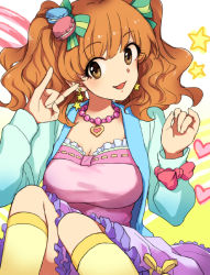 Rule 34 | 10s, 1girl, bad id, bad pixiv id, bow, breasts, brown eyes, earrings, hair bow, idolmaster, idolmaster cinderella girls, jacket, jewelry, kogiso, large breasts, long hair, moroboshi kirari, necklace, open mouth, orange hair, sitting, skirt, smile, solo, twintails, wavy hair