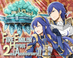 Rule 34 | 1boy, 1girl, anniversary, armor, blue eyes, blue hair, breastplate, chrom (fire emblem), closed mouth, company name, copyright name, closed eyes, father and daughter, fire emblem, fire emblem awakening, fire emblem heroes, gloves, long hair, lucina (fire emblem), nintendo, official art, open mouth, short hair, signature, throne, tiara, upper body, yamada koutarou