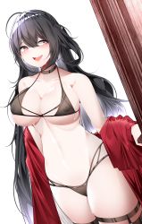 Rule 34 | 1girl, :d, absurdres, ahoge, azur lane, bare shoulders, bikini, black bikini, black choker, black hair, blush, breasts, cameltoe, choker, cleavage, commentary, covered erect nipples, cowboy shot, dated commentary, dutch angle, groin, hair between eyes, heart, heart-shaped pupils, highres, jacket, large breasts, long hair, looking at viewer, looking to the side, navel, open clothes, open jacket, open mouth, red eyes, red jacket, samip, smile, solo, standing, stomach, sweat, swimsuit, symbol-shaped pupils, taihou (azur lane), taihou (enraptured companion) (azur lane), thigh strap, thighs, very long hair