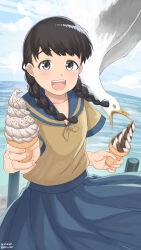 Rule 34 | 1girl, absurdres, bird, black hair, blue sailor collar, blue skirt, blue sky, braid, brown shirt, cloud, day, food, grey eyes, highres, holding, holding food, ice cream, kantai collection, landing ship no. 101 (kancolle), long hair, looking at viewer, low twin braids, nwr, ocean, open mouth, outdoors, pleated skirt, round teeth, sailor collar, school uniform, seagull, serafuku, shirt, skirt, sky, solo, teeth, twin braids, upper teeth only