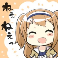 Rule 34 | 10s, 1girl, :d, ^ ^, brown hair, closed eyes, commentary request, engiyoshi, eyebrows, hairband, i-26 (kancolle), kantai collection, long hair, open mouth, orange background, smile, solo, swimsuit, swimsuit under clothes, translation request, twintails, two-tone hairband, two side up