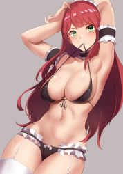 Rule 34 | 1girl, absurdres, areola slip, arm garter, armpits, arms up, bikini, bikini in mouth, black bikini, bow, bow bikini, clenched teeth, clothes in mouth, commentary request, cowboy shot, garter straps, green eyes, grey background, haneramu, highres, long hair, looking at viewer, maid, maid bikini, maid headdress, navel, original, red hair, simple background, solo, standing, stomach, swimsuit, teeth, thighhighs, unconventional maid, white thighhighs