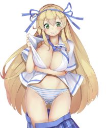 Rule 34 | 10s, 1girl, blonde hair, blush, breasts, clothes pull, ginko (nico), gluteal fold, green eyes, hair ribbon, huge breasts, katsuragi (senran kagura), long hair, necktie, open clothes, panties, ribbon, senran kagura, simple background, skirt, skirt pull, smile, solo, striped clothes, striped panties, underwear, white background