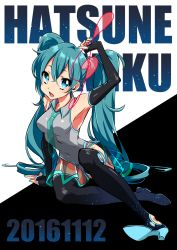 Rule 34 | 10s, 1girl, 2016, aqua hair, aqua nails, armpits, bare shoulders, black footwear, black thighhighs, blue eyes, boots, character name, dated, detached sleeves, hatsune miku, highres, long hair, nail polish, necktie, samei ikusa, see-through, see-through skirt, skirt, solo, thigh boots, thighhighs, transparent necktie, twintails, vocaloid