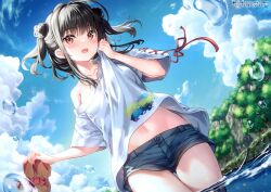 Rule 34 | 1girl, :d, absurdres, black hair, blue shorts, blue sky, blush, clothes lift, cloud, collarbone, day, denim, denim shorts, double bun, fujima takuya, hair bun, highres, holding, holding shoes, looking at viewer, navel, non-web source, open mouth, original, outdoors, partially submerged, red eyes, shirt, shirt lift, shoes, short sleeves, shorts, sidelocks, sky, smile, solo, standing, t-shirt, thigh gap, wading, water drop, wet, white shirt