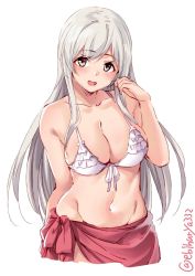 Rule 34 | 1girl, alternate costume, arm at side, bare shoulders, bikini, bikini top only, breasts, collarbone, cowboy shot, ebifurya, frilled bikini, frills, front-tie top, hair flip, highres, kantai collection, large breasts, long hair, looking at viewer, navel, open mouth, red sarong, sarong, shoukaku (kancolle), sideboob, simple background, solo, swimsuit, twitter username, white background, white bikini, white hair, yellow eyes