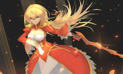 Rule 34 | 10s, blonde hair, dress, fate/extra, fate (series), green eyes, long hair, saber (fate/extra), smile