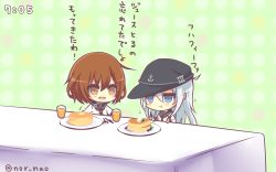 Rule 34 | 10s, 2girls, :i, :t, anchor symbol, bad id, bad pixiv id, brown hair, fang, flat cap, food, fork, hair ornament, hairclip, hat, hibiki (kancolle), ikazuchi (kancolle), kantai collection, knife, long hair, long sleeves, multiple girls, nor nao, open mouth, pancake, pout, short hair, silver hair, translation request, twitter username