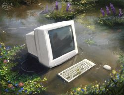 Rule 34 | artist name, blue flower, day, flower, highres, kay (kf1n3), keyboard (computer), monitor, mouse (computer), mud, no humans, original, outdoors, photo-referenced, purple flower, red flower, reflection, reflective water, signature, still life, water