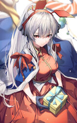 Rule 34 | 1girl, animal ears, arknights, blue cape, blue gloves, blurry, blurry background, breasts, cape, christmas, closed mouth, commentary, deer ears, dress, fake animal ears, fur-trimmed cape, fur trim, gift, gloves, grey hair, hair between eyes, half gloves, herigaru (fvgyvr000), highres, holding, holding gift, large breasts, light blush, long hair, looking afar, ponytail, red dress, red eyes, red ribbon, ribbon, solo, upper body, weedy (arknights)