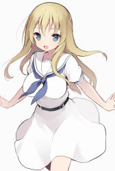 Rule 34 | 1girl, blonde hair, blue eyes, blue neckerchief, breasts, dress, grey background, highres, itsumi (itumiyuo), large breasts, long hair, neckerchief, oohoshi awai, open mouth, sailor dress, saki (manga), simple background, smile, solo