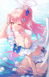 Rule 34 | 1girl, bangle, bare shoulders, bikini, bikini skirt, blue archive, bow, bracelet, breasts, choker, cleavage, feathered wings, grin, hair bow, halo, hand up, highres, jewelry, large breasts, leaning forward, long hair, looking at viewer, midriff, mika (blue archive), off shoulder, one eye closed, pink hair, ponytail, smile, solo, standing, swimsuit, thigh strap, thighs, ttosom, wading, water, white choker, wings, yellow eyes
