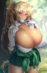 Rule 34 | 1girl, blonde hair, blush, breasts, cleavage, closed mouth, clothes around waist, commentary request, dark-skinned female, dark elf, dark elven forest ranger, dark skin, day, elf, gloves, green skirt, highres, huge breasts, jacket, jacket around waist, last origin, long hair, looking at viewer, mask, mask pull, miniskirt, mouth mask, nanami neru, outdoors, pleated skirt, pointy ears, pulled by self, purple eyes, skirt, sleeves rolled up, solo, sweater, sweater around waist, thighs, two side up, white gloves