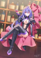 Rule 34 | alcohol, barrel, bellly, binato lulu, blue hair, bodysuit, boots, breasts, cloth, cup, drinking glass, glass, gloves, grin, highres, iris heart, large breasts, leggings, long hair, navel, neptune (series), pink eyes, pururut, sitting, smile, table, teeth, thighs, very long hair, wine, wine glass