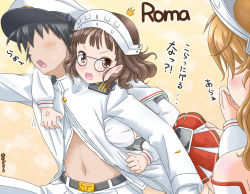 Rule 34 | 10s, 1boy, 2girls, admiral (kancolle), brown eyes, brown hair, capelet, detached sleeves, eyewear strap, glasses, hat, hug, hug from behind, italia (kancolle), jack (slaintheva), kantai collection, littorio (kancolle), long hair, military, military uniform, multiple girls, naval uniform, open mouth, peaked cap, pince-nez, roma (kancolle), short hair, surprised, translation request, uniform