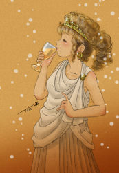 Rule 34 | 1girl, ancient greek clothes, blush, chutohampa, closed eyes, cup, curly hair, drink, drinking, earrings, greco-roman clothes, hand up, highres, hoop earrings, jewelry, orange theme, original, profile, signature, solo, upper body