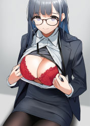 Rule 34 | 1girl, bra, breasts, cleavage, closed mouth, copyright request, doushimasho, glasses, highres, jacket, large breasts, lips, looking at viewer, mole, mole on breast, office lady, original, pantyhose, red bra, shirt, sitting, solo, suit jacket, underwear, white shirt