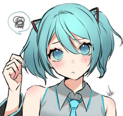 Rule 34 | 1girl, absurdres, aqua eyes, aqua hair, aqua nails, aqua necktie, bare shoulders, black sleeves, blue hair, blush, closed mouth, collared shirt, commentary request, detached sleeves, embarrassed, gradient hair, green hair, hair between eyes, hair ornament, halha 20, hand in own hair, hatsune miku, highres, looking at viewer, looking up, medium hair, multicolored hair, nail polish, necktie, parted bangs, playing with own hair, pleated shirt, shirt, sidelocks, signature, simple background, sleeveless, sleeveless shirt, solo, speech bubble, twintails, vocaloid, white background, white shirt, wide sleeves