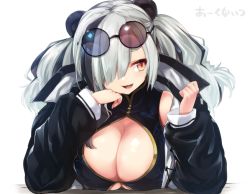 Rule 34 | animal ears, arknights, black hair, breasts, cleavage, cleavage cutout, clothing cutout, eyewear on head, fang, feater (arknights), large breasts, long sleeves, looking to the side, multicolored hair, open mouth, panda ears, red eyes, silver hair, simple background, smile, streaked hair, sunglasses, sunglasses on head, twintails, upper body, wazukani, white background
