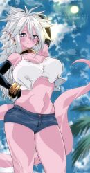 Rule 34 | android 21, artist name, bare shoulders, blue eyes, blue sky, breasts, closed mouth, cloud, collarbone, colored skin, crop top, denim, denim shorts, dragon ball, dragon ball fighterz, earrings, gold earrings, hair between eyes, highres, hoop earrings, jewelry, kinakomochi (user vedc2333), large breasts, long hair, looking at viewer, midriff, navel, outdoors, palm tree, pink skin, pink tail, shorts, sky, smile, standing, sun, tail, thighs, tree, very long hair