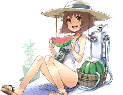 Rule 34 | 10s, 1girl, alternate costume, binoculars, blush, brown eyes, brown hair, eating, food, fruit, hat, kantai collection, looking at viewer, one-piece swimsuit, open mouth, personification, sandals, short hair, sitting, smile, solo, sun hat, swimsuit, watermelon, white one-piece swimsuit, whoosaku, yukikaze (kancolle)
