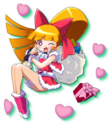 Rule 34 | 00s, 1girl, akazutsumi momoko, bow, box, capelet, carrying, christmas, dress, fur trim, gift, gift box, hair bow, heart, hyper blossom, long hair, looking at viewer, orange hair, over shoulder, powerpuff girls, powerpuff girls z, red bow, red dress, red eyes, santa costume, simple background, solo, very long hair, white background