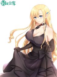Rule 34 | 1girl, bare shoulders, black choker, black dress, black gloves, blonde hair, blue eyes, blush, breasts, character request, choker, cleavage, collarbone, commentary request, copyright request, cowboy shot, dress, earrings, elbow gloves, gloves, hei kuang jun, highres, jewelry, large breasts, long hair, looking at viewer, pointy ears, simple background, skirt hold, sleeveless, sleeveless dress, smile, solo, very long hair, white background