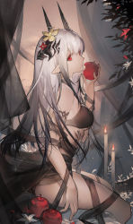 Rule 34 | 1girl, absurdres, apple, arknights, armlet, ass, bare shoulders, bikini, black bikini, black hair, candle, earrings, flower, food, from side, fruit, gradient hair, hair flower, hair ornament, highres, holding, holding food, holding fruit, horns, jewelry, lily (flower), looking at viewer, looking to the side, mudrock (arknights), mudrock (silent night) (arknights), multicolored hair, official alternate costume, pointy ears, red eyes, sarong, see-through, silver hair, sitting, spade-m, swimsuit, white flower, yellow flower