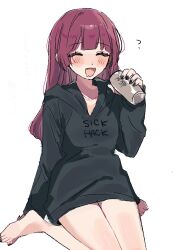 Rule 34 | 1girl, ?, barefoot, black hoodie, black nails, blush, bocchi the rock!, closed eyes, cup, enu (brandnewday02), fang, hair down, hand up, highres, hiroi kikuri, holding, holding cup, hood, hoodie, long sleeves, open mouth, purple hair, saliva, sidelocks, simple background, sitting, solo, toes, wariza, white background