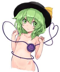 Rule 34 | 1girl, blush, closed mouth, collarbone, completely nude, convenient censoring, cropped legs, eyeball, flat chest, green eyes, green hair, hair between eyes, hands up, heart, heart of string, highres, kei jiei, komeiji koishi, looking to the side, medium hair, navel, nude, simple background, smile, solo, third eye, touhou, upper body, wavy hair, white background