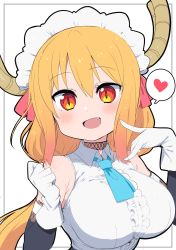 Rule 34 | 1girl, alternate costume, armpit crease, blue necktie, blush, breasts, choker, detached sleeves, dragon girl, dragon horns, eyelashes, fang, female focus, frills, gloves, hair ornament, headdress, heart, highres, horns, kobayashi-san chi no maidragon, large breasts, long hair, looking at viewer, necktie, open mouth, orange hair, ransusan, red eyes, shirt, simple background, smile, solo, spoken heart, tohru (maidragon), twintails, upper body, very long hair, white background, white gloves, white headwear, white shirt
