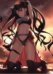 Rule 34 | 1girl, archer (fate), archer (fate) (cosplay), arm up, armpits, bare shoulders, black gloves, black thighhighs, blue eyes, blush, breasts, brown hair, cloud, cosplay, crop top, fate/stay night, fate (series), fingerless gloves, gloves, hair ribbon, kawanakajima, kneeling, long hair, looking at viewer, medium breasts, navel, official alternate costume, reverse grip, ribbon, sky, solo, sunset, thigh strap, thighhighs, thong, tohsaka rin, two side up, unlimited blade works (fate), very long hair
