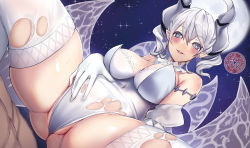 Rule 34 | 1girl, blush, breasts, demon girl, demon horns, demon wings, duel monster, earrings, full moon, gloves, grey eyes, heart, heart earrings, highres, horns, jewelry, large breasts, legs apart, leotard, lovely labrynth of the silver castle, low wings, moon, second-party source, sitting, sitting on person, spread legs, torn clothes, torn legwear, torn leotard, transparent wings, untue, white gloves, white hair, white leotard, wings, yu-gi-oh!