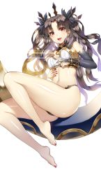 Rule 34 | 1girl, :d, armlet, ass, bare arms, bare legs, bare shoulders, barefoot, black gloves, black hair, black panties, black ribbon, blush, breasts, bridal gauntlets, collar, crown, earrings, elbow gloves, fate/grand order, fate (series), feet, female focus, ganik (pisshine), gloves, hair ribbon, highres, hoop earrings, ishtar (fate), jewelry, knee up, legs, long hair, long legs, looking at viewer, medium breasts, midriff, nail polish, navel, open mouth, panties, plantar flexion, red eyes, red nails, revealing clothes, ribbon, round teeth, shiny skin, simple background, single elbow glove, single glove, sitting, smile, solo, strapless, teeth, thighs, tohsaka rin, two side up, type-moon, underwear, white background
