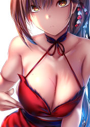 Rule 34 | 1girl, akeyama kitsune, armpit crease, azur lane, bare shoulders, breast poke, breasts, brown hair, cleavage, closed mouth, collarbone, commentary, criss-cross halter, dress, eyebrows hidden by hair, frown, hair between eyes, hair ornament, halterneck, high ponytail, large breasts, leaning forward, long hair, looking at viewer, poking, ponytail, red dress, sidelocks, simple background, sleeveless, sleeveless dress, solo, standing, sweat, upper body, very long hair, white background, yellow eyes, zuikaku (azur lane)