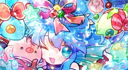 Rule 34 | 1girl, blue eyes, blue hair, blush, bubble, doradorakingyo, fins, gloves, hair bobbles, hair ornament, hair ribbon, head fins, highres, holding, holding stuffed toy, open mouth, puyopuyo, puyopuyo quest, red gloves, red ribbon, ribbon, seashell, serilly (puyopuyo), shell, solo, stuffed animal, stuffed fish, stuffed octopus, stuffed toy, twitter username