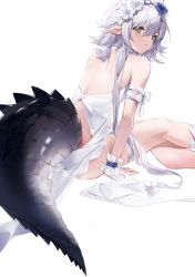 Rule 34 | 1girl, arknights, back, bare back, bare shoulders, clothing cutout, crocodilian tail, from behind, head wreath, highres, looking at viewer, looking back, official alternate costume, parted lips, pointy ears, purple eyes, short hair, silver hair, sitting, solo, tail, tail through clothes, tomimi (arknights), tomimi (silent night) (arknights), yellow eyes, yuan (ziranran)