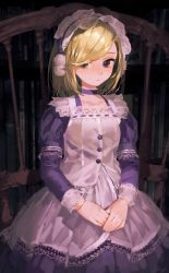 Rule 34 | 1girl, blonde hair, buttons, chair, closed mouth, collar, dress, expressionless, film grain, grey eyes, hair over one eye, hairband, highres, lace, lace-trimmed collar, lace-trimmed dress, lace-trimmed hairband, lace trim, light blush, light particles, long sleeves, looking to the side, maeya susumu, medium hair, original, own hands together, pom pom (clothes), purple collar, purple dress, purple hairband, purple ribbon, ribbon, ribbon-trimmed dress, sitting, solo, striped sleeves, swept bangs, two-tone dress, white dress
