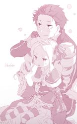Rule 34 | 10s, 1boy, 1girl, age difference, artist name, bad id, bad pixiv id, beatrice (re:zero), blush, bug, butterfly, butterfly-shaped pupils, capelet, crown, dress, drill hair, fur trim, hair ornament, hair ribbon, twirling hair, hand on another&#039;s head, harusabin, head rest, hetero, highres, hug, hug from behind, insect, jacket, long hair, long sleeves, mini crown, monochrome, natsuki subaru, open mouth, pantyhose, re:zero kara hajimeru isekai seikatsu, ribbon, short hair, sitting, sitting on lap, sitting on person, smile, striped clothes, striped legwear, striped pantyhose, symbol-shaped pupils, teenage boy and younger girl, track jacket, twin drills, twintails